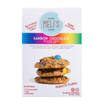 Freshly baked rainbow chip cookies made from Meli’s gluten-free cookie mix – chewy, colorful, delicious