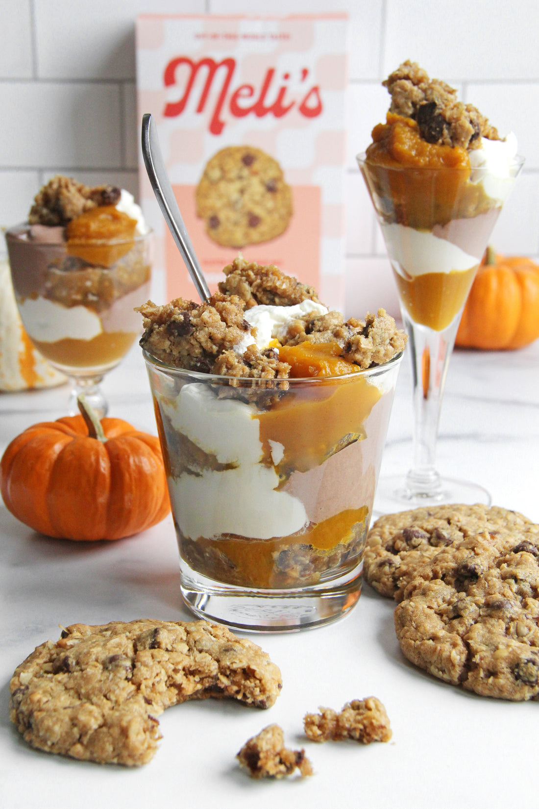 Pumpkin Chocolate Cookie Trifle layered with gluten-free cookie crumbles – buy Meli’s Mixes to make at home