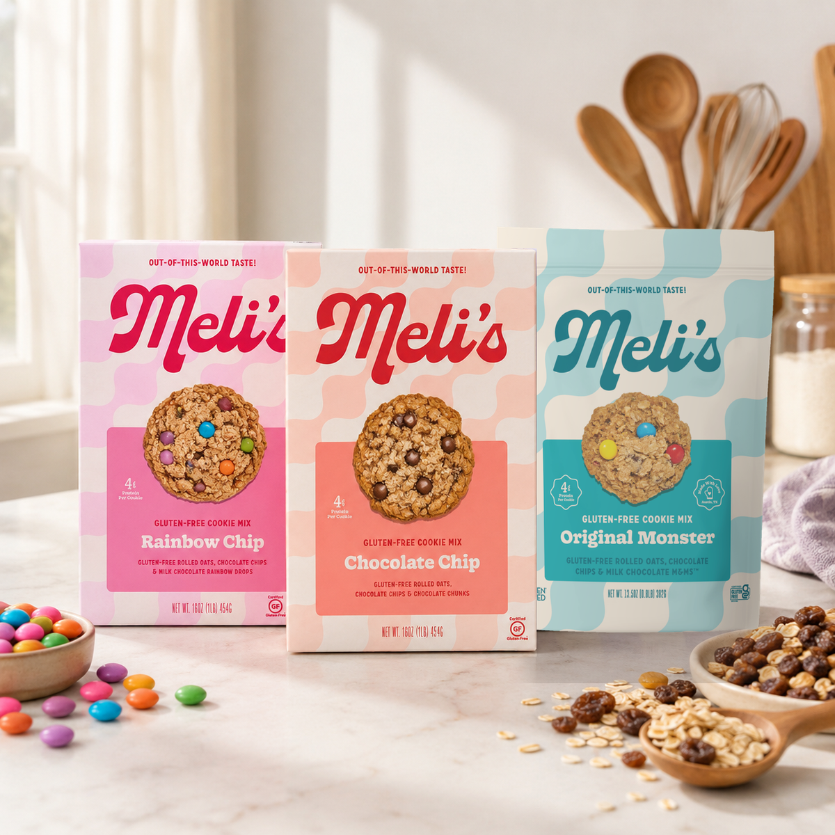 Meli's Bake Night Bundle cookie mixes on a kitchen counter: Rainbow Chip, Chocolate Chip, Original Monster
