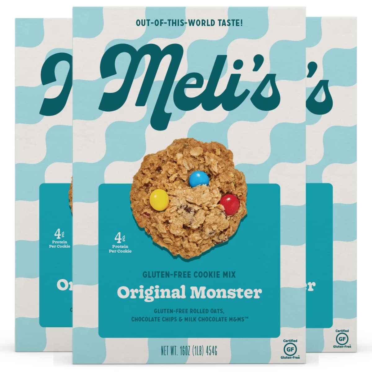 Meli’s Gluten-Free Cookie Mix, Original Monster, Made with Certified Gluten-Free Rolled Oats, Natural Chocolate Chips, and M&M's, 16 oz Boxes (Pack of 3)